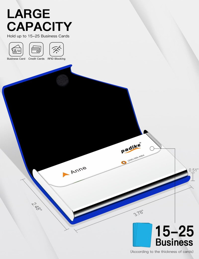 Padike Business Card Holder, Upgraded Leather Business Card Case Pocket Card Holders for Men or Women, Metal Slim Name Card Holder RFID Blocking Business Card Carrier with Magnetic Closure (Y-BU) - Image 4